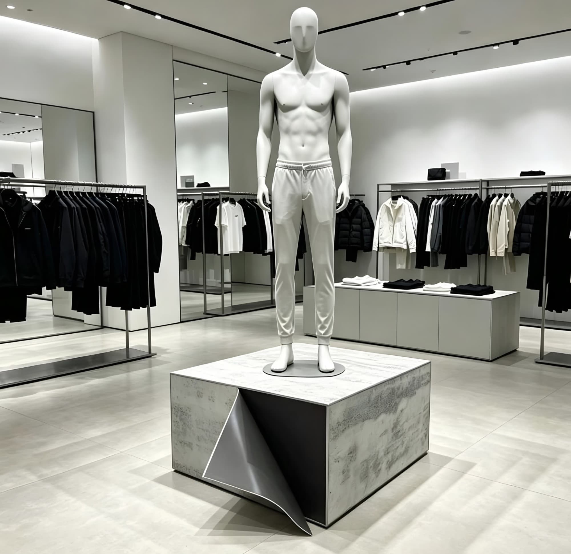 Display plinth with its stone-effect magnetic skin peeled back at one corner