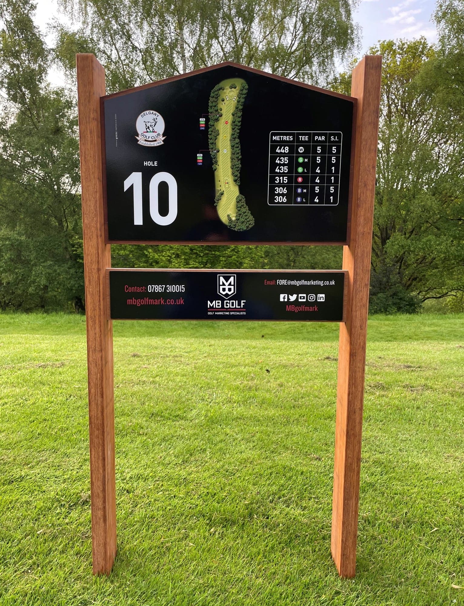 Bamboo-framed hole sign with the hole layout and yardages, standing on a fairway