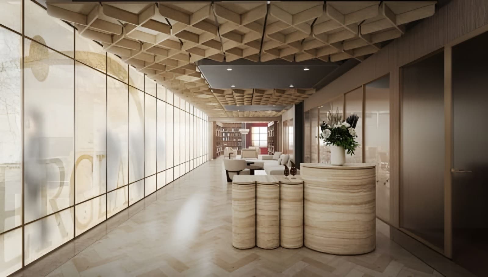 Corridor lined with backlit stone-glass panels under a coffered timber ceiling
