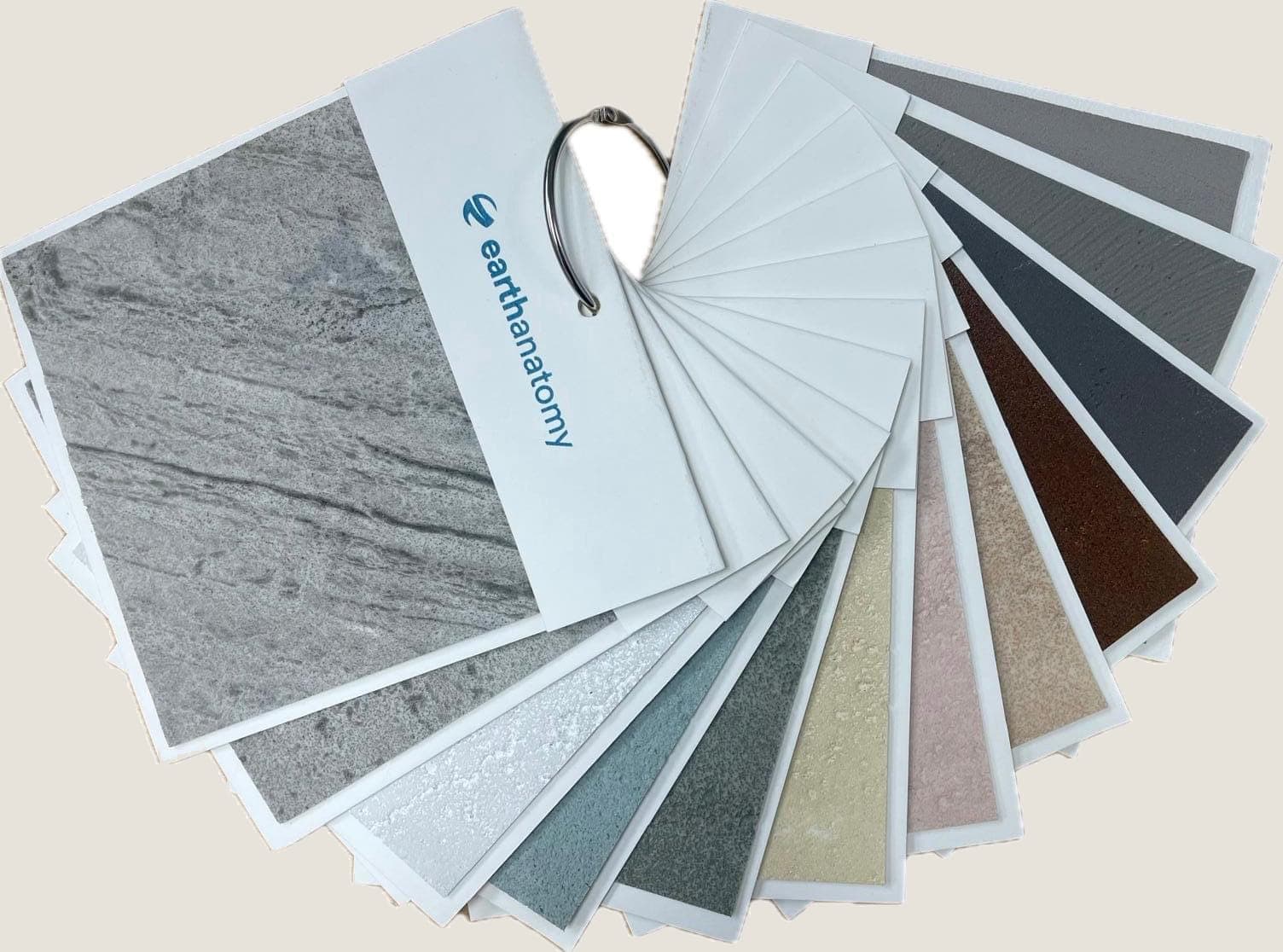A fan of Earth Anatomy stone-effect finish samples