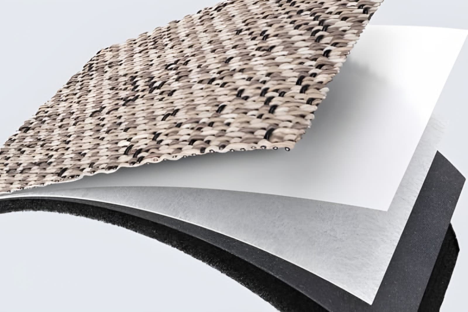 Cutaway of woven vinyl flooring showing its acoustic backing layers