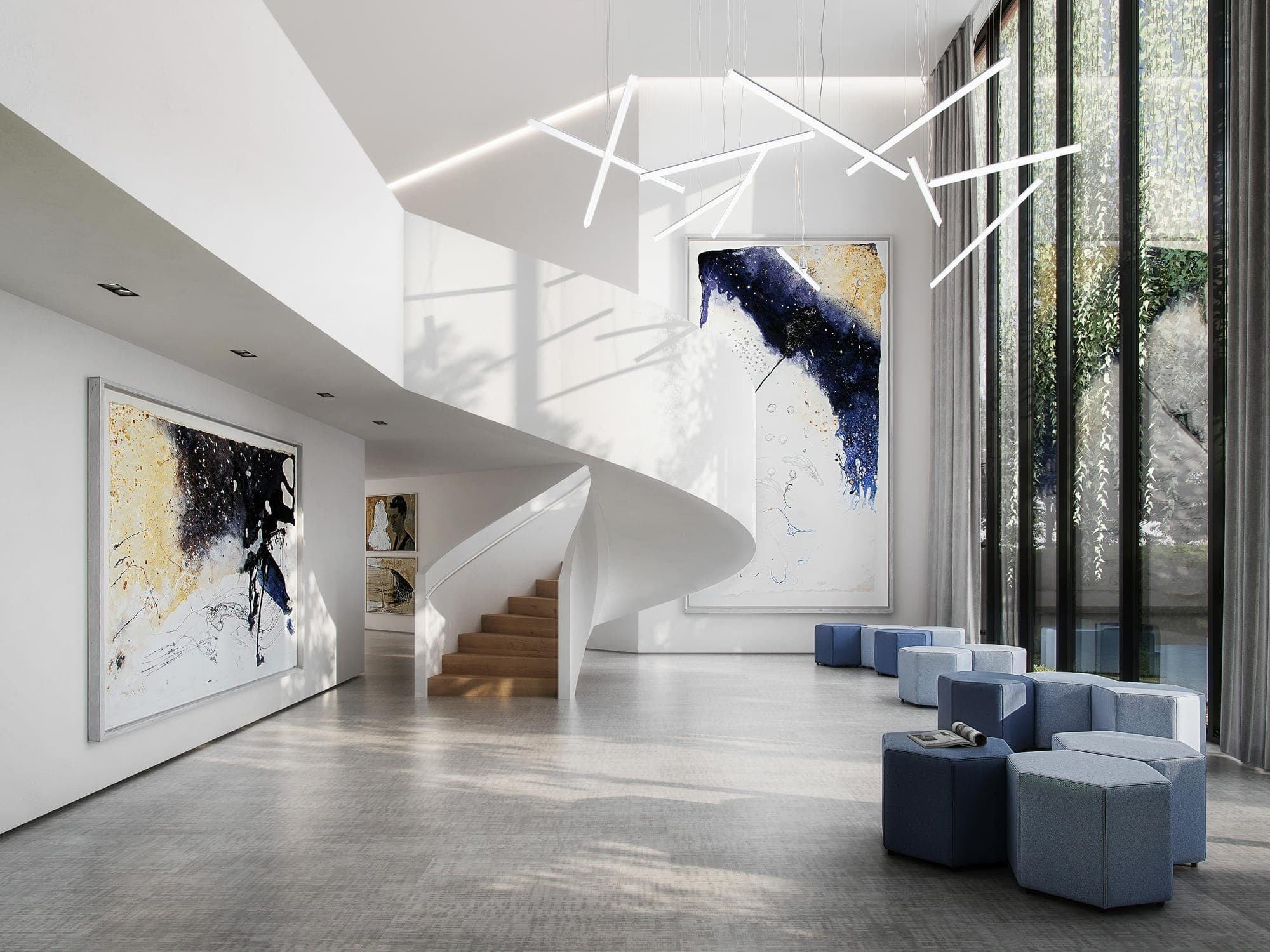 Double-height lobby with a white spiral staircase and blue seating on a pale grey stone-effect floor
