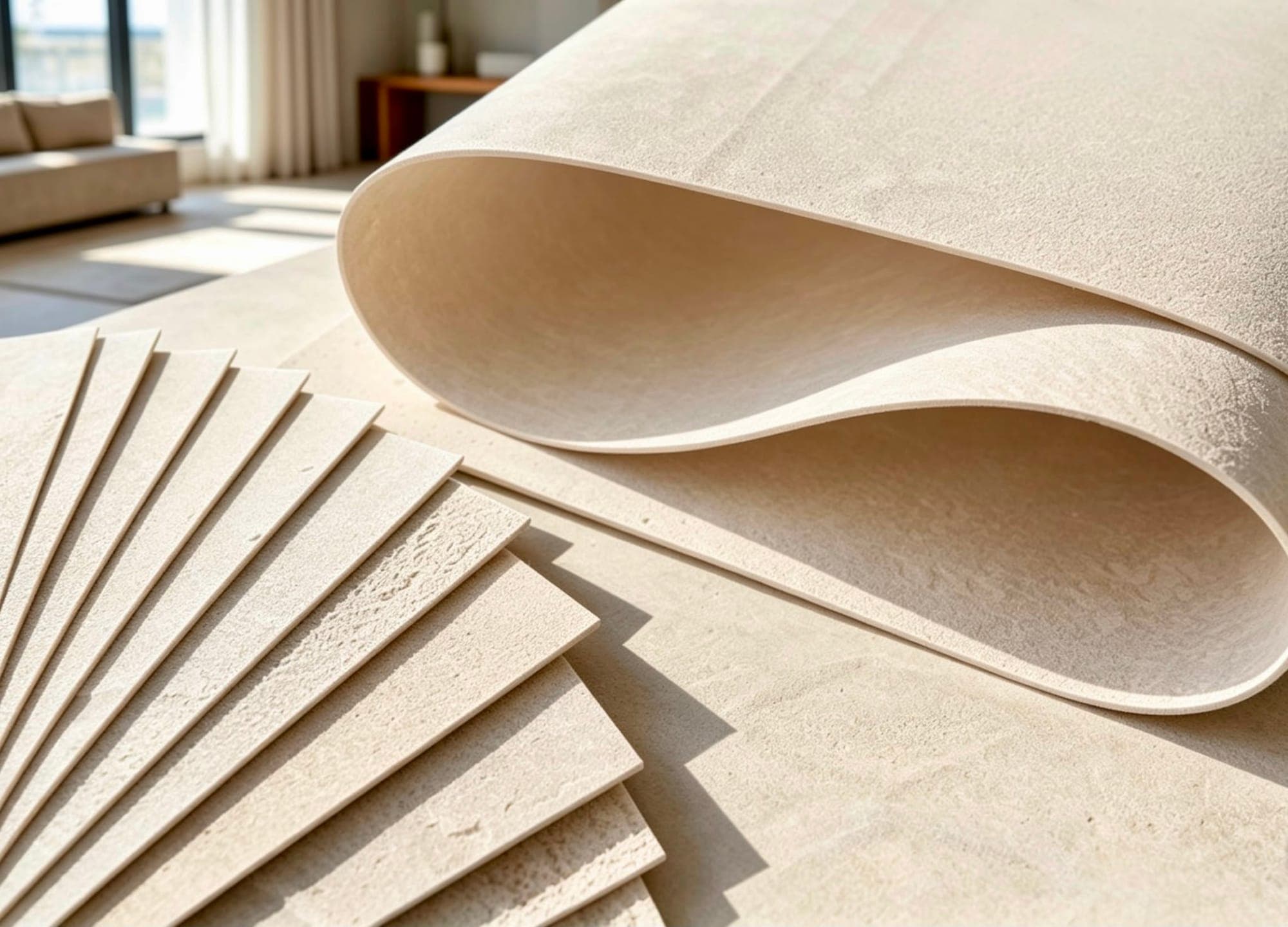 A fan of Portland stone sheets, one curled over to show its flexibility
